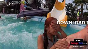 Подмамващ крем пай за сладката тайландска тийнейджърка приятелка след басейн забавление