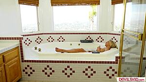 Busty Blonde MILF Sucks Hunk Plumber in Shower Before Deepthroat and Masturbation