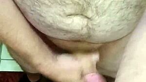 POV view of stroking my cock with hard nipples exposed.