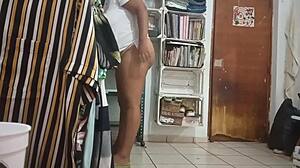 filipina karmica cleans room while pregnant voyeur watches