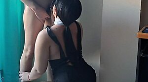 Beautiful asian secretary in cosplay costume eagerly sucks her boss's big cock at home