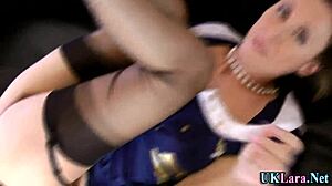 Stockings Brit Blowing in 3some Milf Action