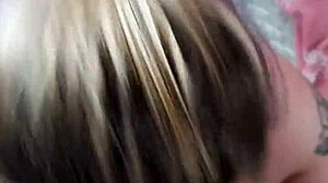 Blonde girlfriend performs deepthroat blowjob