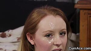 peculiar stunner swallows all the jizz after a blowbang facial.