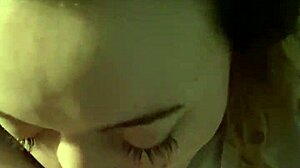 wife gives late night blowjob on porch