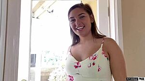 Brunette Bent Over Swallows Cum