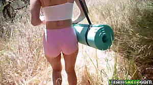 Standout Teen Pulls Down Gym Tights for Pussy Feeding