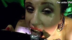 Slut Boldly Slurps Cum from Bowl in Bukkake Facial