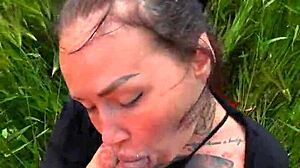 Deep Throating Pov Blowjob In A Field Big Tits Tattoo Nature Public