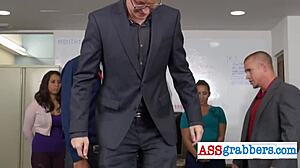 blindfolded gay ass grabber in swing threesome at office