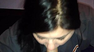 brunette teen sucks big cock pov then gets facial