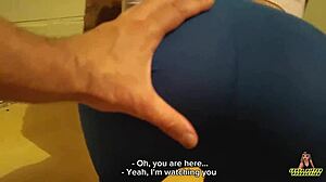 Countrygirl in Blue Leggings Feels Intense by Stove