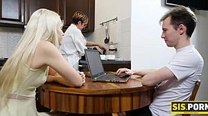 Slender blonde rides stepbro's cock for the first time!