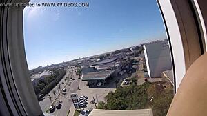 Sarada naked in hotel window near airport gets voyeur creampie