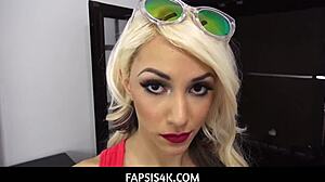 Skinny blonde stepsis says, 'Got caught, now blowjob time with stepbro's shaft'