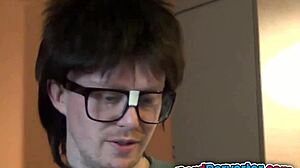 Incredibly cute ebony princess intensely sucks nerd's cock