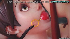 Bridgitte places Tracer into the machine for anime hentai adventure