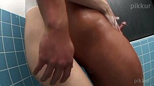 asian girl gives blowjob and handjob while bathing in the shower