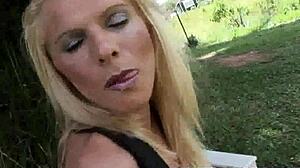 Shemale Samara Demacedo feels intense pleasure jerking off outdoors