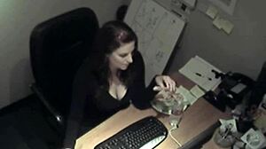 secretary in uniform rubs her boobs and masturbates to orgasm in the office
