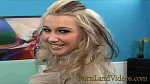 Blonde Mary shakes huge tits, contrasts with cum on them.