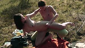 Skinny petite 18+ lesbian girls dominate rough outdoor sex