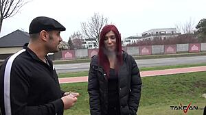 Cigarette break turns wild for shy redhead bent over by stranger in van