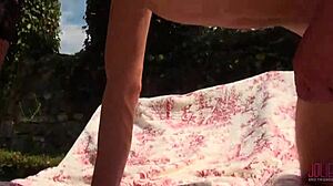 hot shemale in bondage for outdoor threesome action