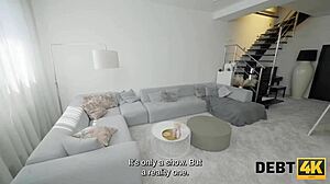 Intense debt fuck with shaved pussy in stockings