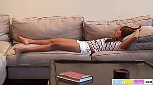 Brookeskye teases hot asian's pussy with tongue on couch