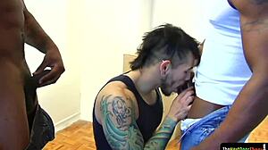 I can’t believe I’m in this cocksucking threesome, servicing huge black studs with raw passion. It’s driving me wild every second!