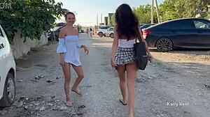 Two Teens Walk On Beach Without Panties, Showing Pussies To Voyeurs.