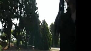 Natural tits bouncing while showing off in the car in public