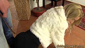 This piss drenched glam slut is loving her golden shower and facial after blowjob