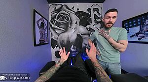 Tattoo master sucks you, then rides bareback