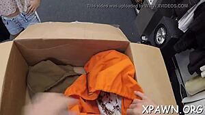 Daring amateur slut fucks hard in shop with tight pussy in missionary position