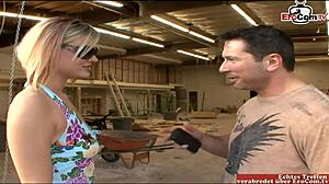 Blonde girl with small natural tits shares an interview before getting a creampie.