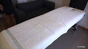 does the masseur give the housewife a happy ending with cum?