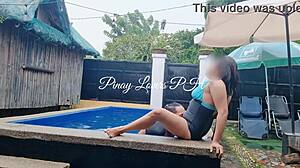 I made my horny asian wife squirt in public pool
