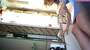 sexy blonde step sister caught on voyeur cam upskirt at work.