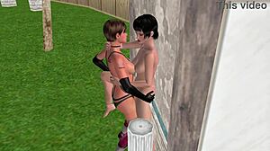 3d lesbian anal and pussy fucking against wall