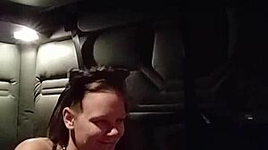 Kitty gives blowjob with buttplug in ass. Bdsm session includes bondage.