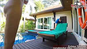 blonde vacationer gets fucked by german user at pool during holiday