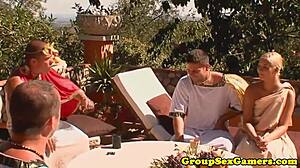 amateur in costume gets facialized outdoors after group sex scene