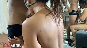 Latina wife fucks young friend in creampie group