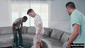 in this hot interracial gay threesome, muscular french bodybuilder takes big black cock bareback