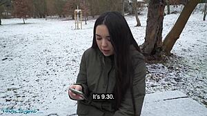 public agent spanish brunette flashes big natural tits in the snow