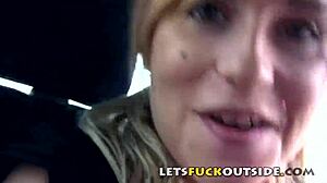 Amateur blonde in fishnets fucks outside with fingering, masturbation, and squirting.