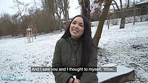 public agent spanish brunette flashes big natural tits in the snow