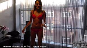 Watch The Really Skinny Tanned Model Striptease And Masturbate In This Provocative Interview